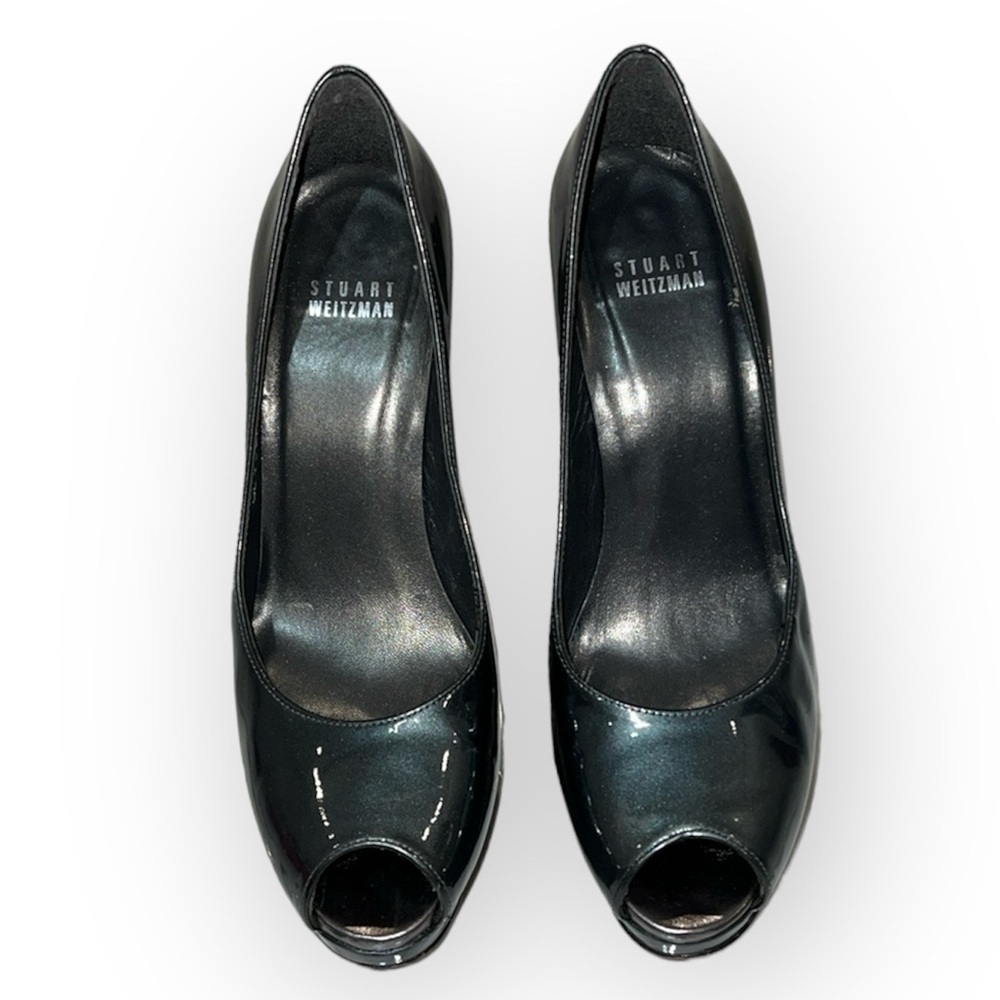 STUART Weitzman Shiny Gray peep toe platform evening prom high heels size 7.5 M